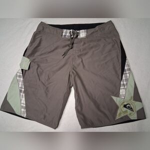 Quiksilver Gray and Black Board Shorts with Plaid Detail